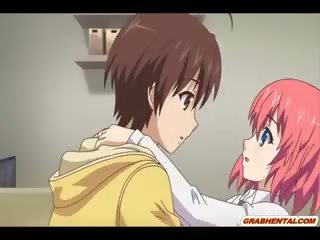 Kaal jongeling anime standing geneukt een rondborstig studente in de badkamer