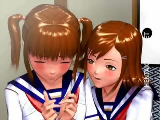 Dwa 3d anime uczennice dostaje przybity